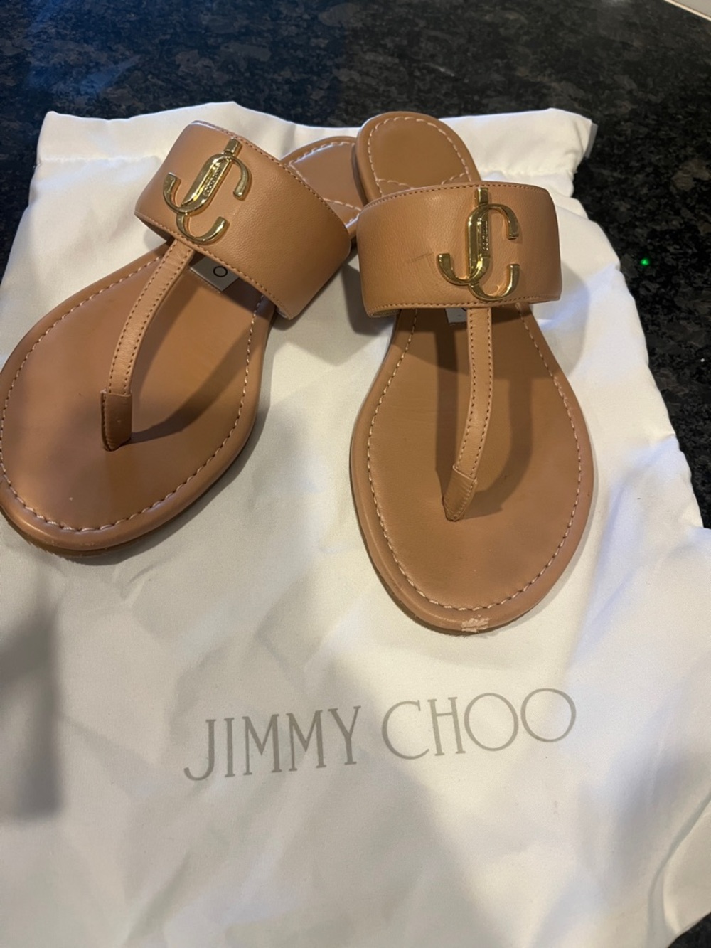 Jimmy Choo Flat Powder pink Tan Sandals with Gold Accent